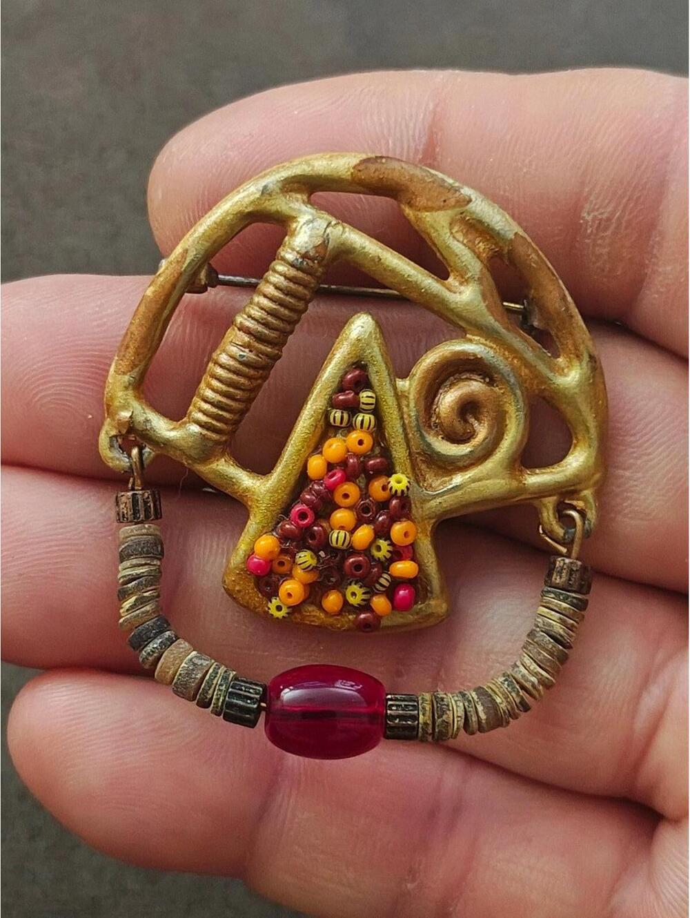 Articulated Abstract Modernist With Heishi Beads & Colorful Stones Brooch